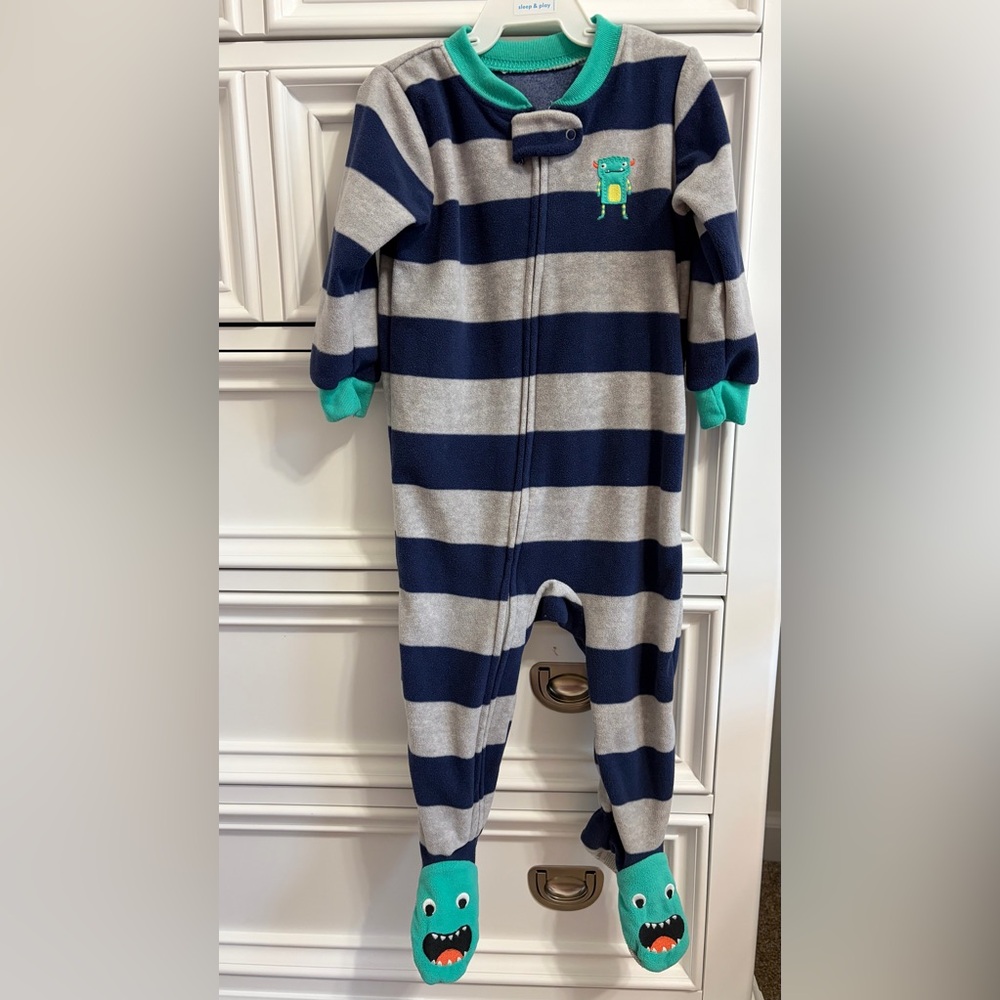 Carter's Navy and Gray Striped Footie with Teal Accents